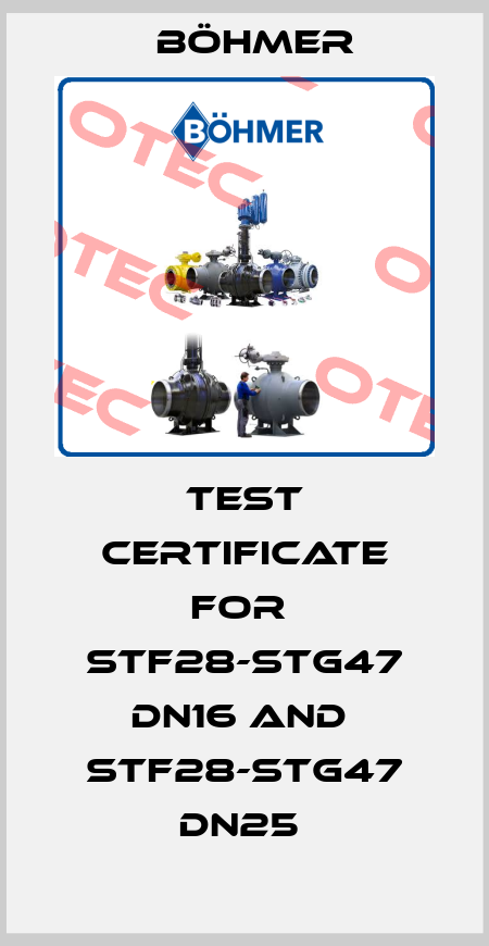 Test certificate for  STF28-STG47 DN16 and  STF28-STG47 DN25  Böhmer