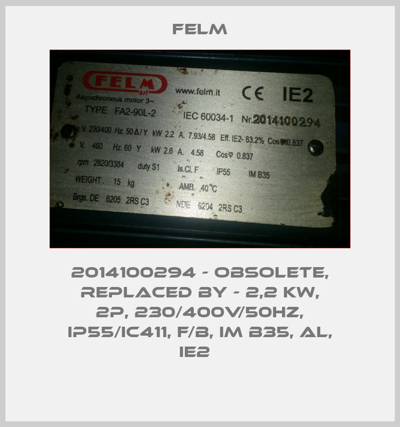2014100294 - obsolete, replaced by - 2,2 kW, 2P, 230/400V/50Hz, IP55/IC411, F/B, IM B35, AL, IE2  -big