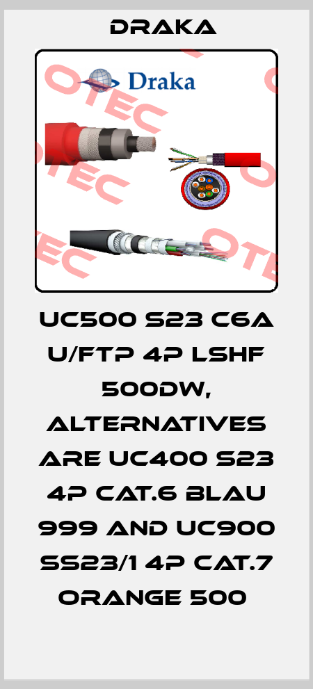 UC500 S23 C6A U/FTP 4P LSHF 500DW, alternatives are UC400 S23 4P Cat.6 blau 999 and UC900 SS23/1 4P Cat.7 orange 500  Draka