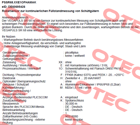 PSSR68.XXE1OFHAMAK (VEGAPULS SR 68) Vega