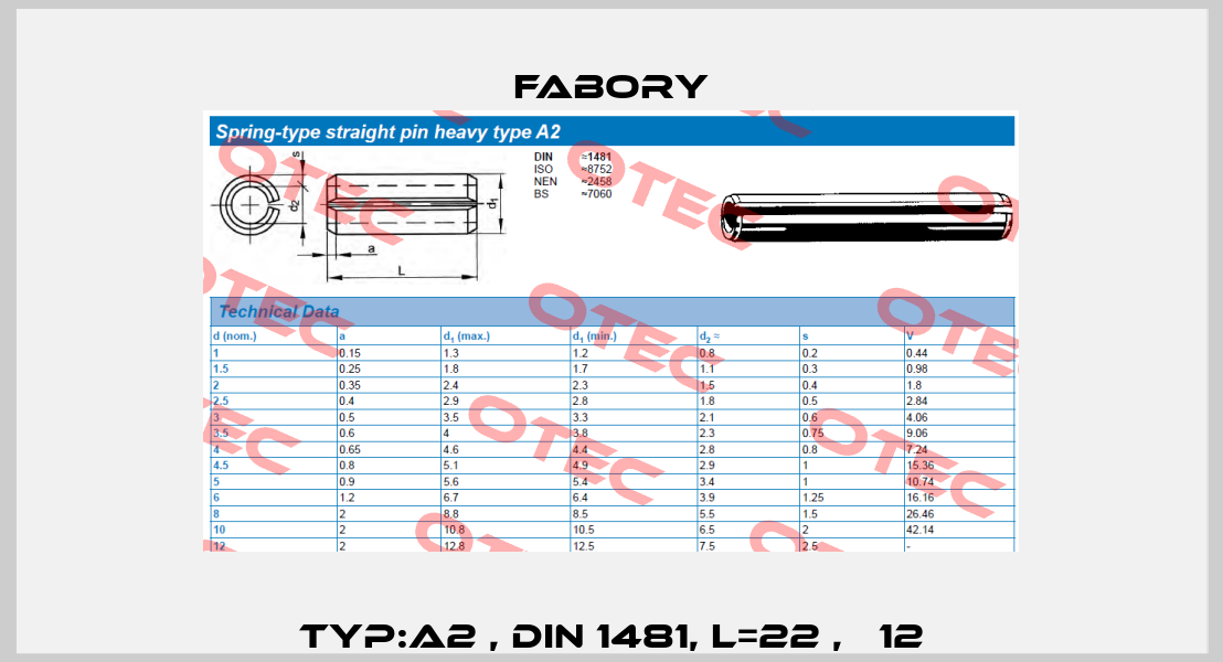 Typ:A2 , DIN 1481, L=22 , Ф12 Fabory