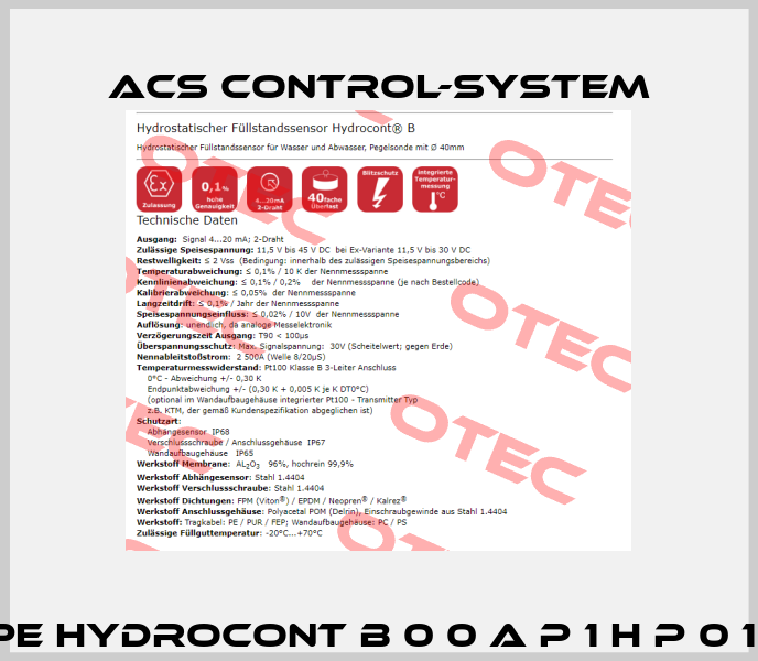 111000004 Type Hydrocont B 0 0 A P 1 H P 0 1 1 A / 4000mm Acs Control-System