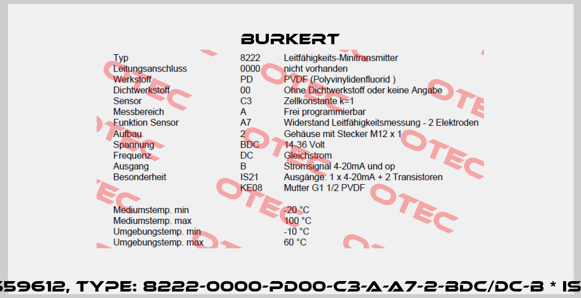 P/N: 00559612, Type: 8222-0000-PD00-C3-A-A7-2-BDC/DC-B * IS21+KE08 Burkert