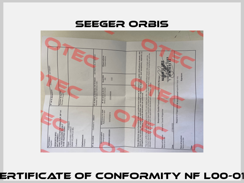 Certificate of conformity NF L00-015 Seeger Orbis