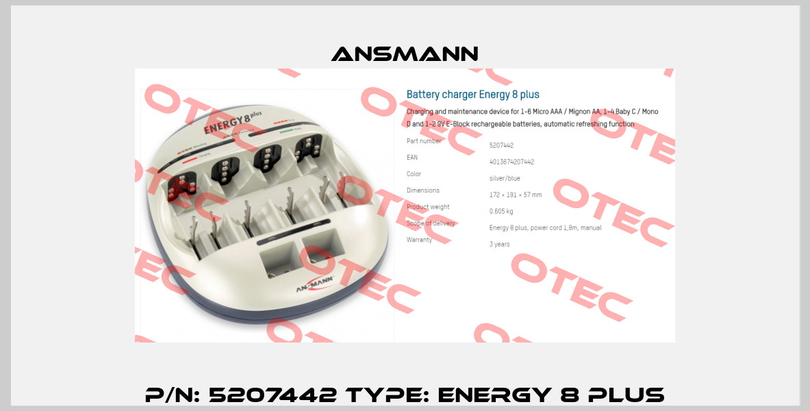 P/N: 5207442 Type: Energy 8 plus Ansmann